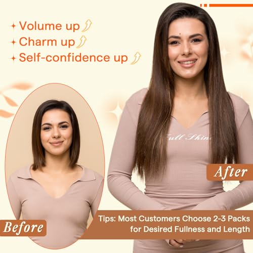 Image of Full Shine Butterfly Weft Hair Extensions 20 Inch 50G for Women | Balayage Dark Brown with Ash Brown Highlights, Double Layered PU Hole Weft, One Piece Volume, Natural Daily Wear