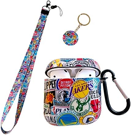 Cool Sport Basketball Design Soft TPU Airpods 1/2 Case，with Sports Brand Style Lanyard Keychain，for Fans Girls Boys Airpods Case