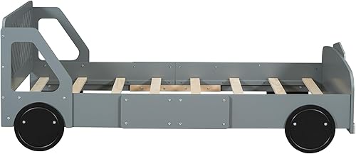 Miniatura 59 de Cama de plataforma en forma de auto de carreras con ruedas, cama de plataforma de madera tamaño individual con barandilla, cama de plataforma para