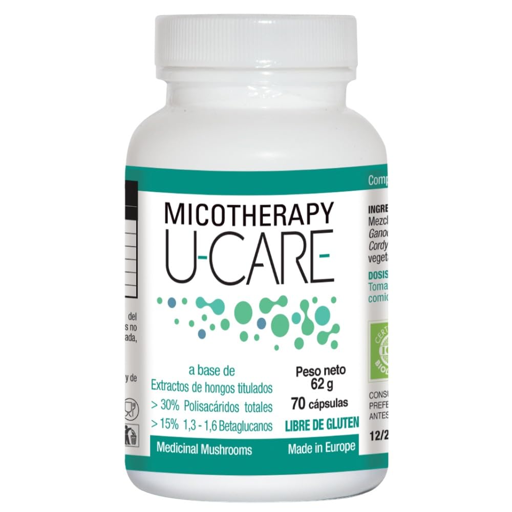 MICOTHERAPY U-Care Mushroom Complex 5 Hongos Medicinales Reishi, Maitake, Agaricus Blazei, Cordyceps y Shiitake para el Sistema Inmunológico, la Energía, la Memoria 70 Cápsulas Sin Glúten