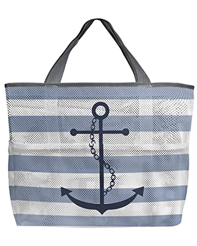 Blue White Striped Beach Tote Bag for Women, Navy Blue Beach Nautical Anchor Ocean Coastal Mesh Beach Bags Waterproof, Outdoor Picnic Swim Pool Handbag - Large Beach Bag with Zipper and Pockets