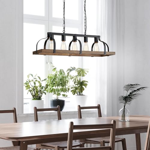 Wuzups CAHD90000SP-B 5-Light Metal Chandelier Imitation Wood Grain Linear Pendant Ceiling Lighting Rustic Farmhouse Fixture Kitchen Island Dining Room thumb #7