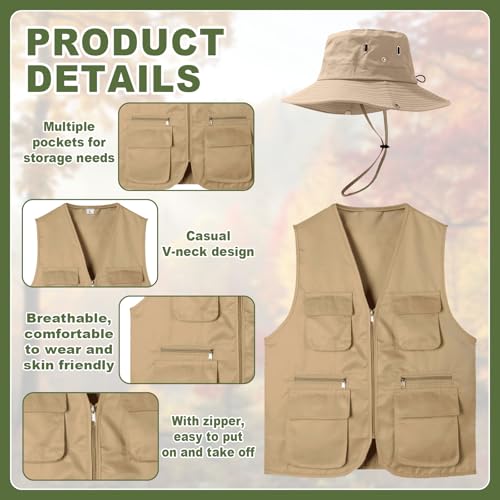 image for Yoloodayy 2 Pcs Work Fishing Vest Hat Men’s Safari Costume Hunting W