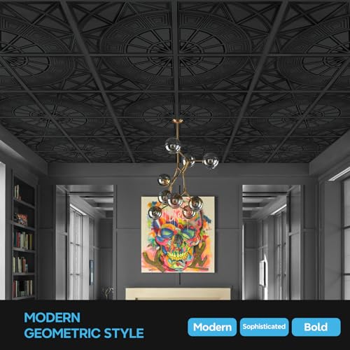 STICKGOO 3D Ceiling Tiles 24\"x24\", Modern Geometric Textured PVC Panels, Waterproof & Recyclable Drop or Glue-Up Decorative Ceiling Tiles for Home & Commercial Use (Pack of 12, Black)