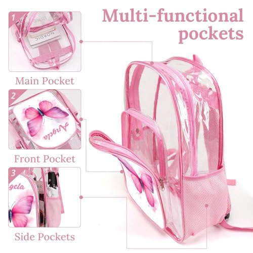 Custom Name Watercolor Butterfly Clear Backpack, Personalized PVC See Through Transparent Bookbag for Girls, Waterproof Daypack for School, Concert, Travel4