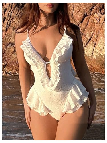 SweatyRocks Women's Ruffle One Piece Swimsuit Deep V Neck Tummy Control Bathing Suit3