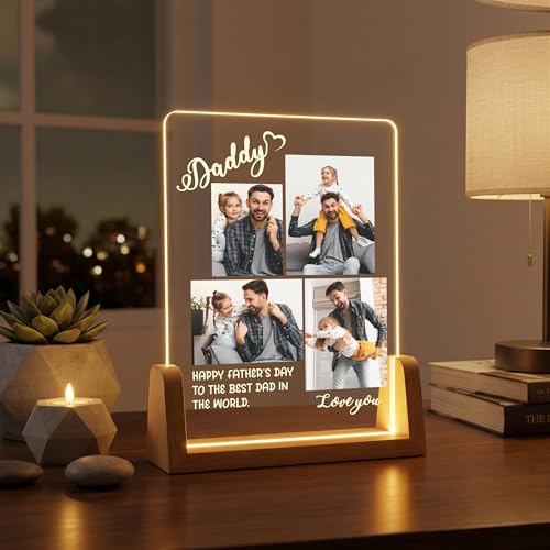 Image of Giftplease Fathers Day Personalized Rectangular Acrylic Wood Tabletop Photo Frame | Warm Led Light Base Custom Picture Layout Family Desktop Night Decor Assembly for Dad Papa Husband Stepdad Grandpa