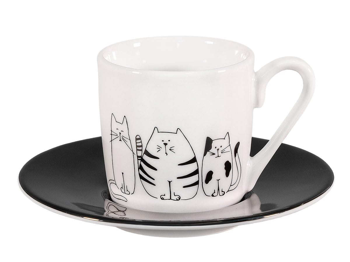 Könitz Espresso Tassen Set Funny Cats. 4 Kaffeetassen 65ml aus Porzellan. Espressotassen modern, schwarz-weiß