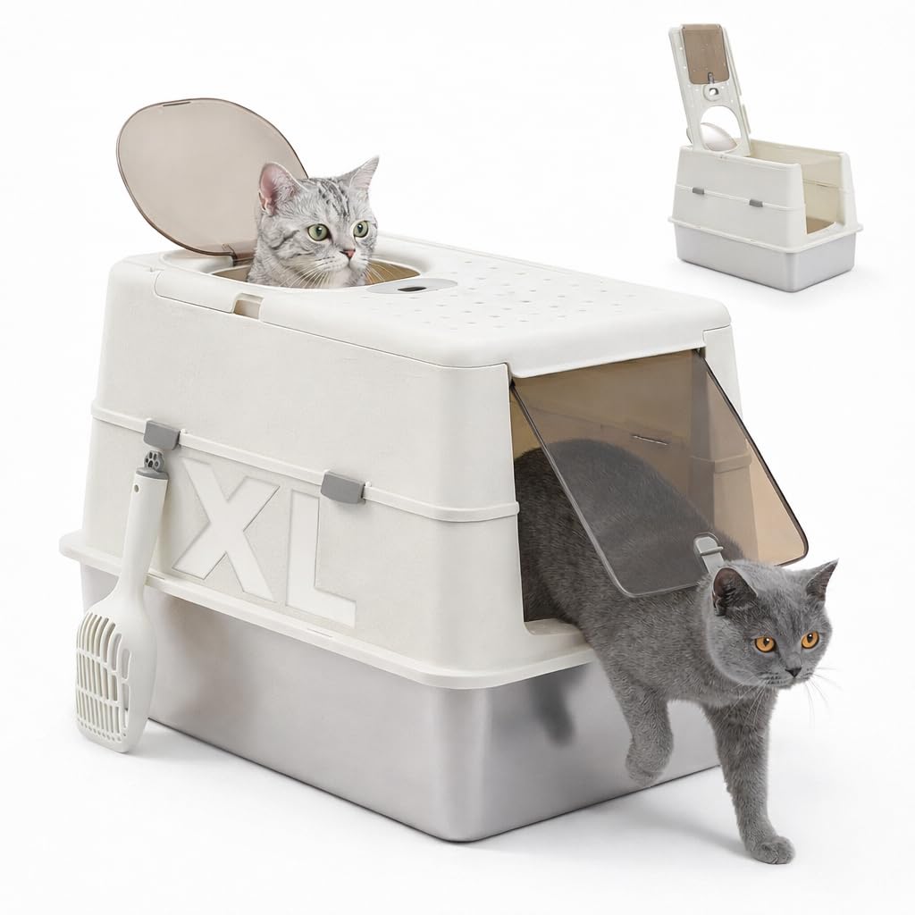 Stainless Steel Litter Box with Lid, XL Easy Clean Non-Sticky Metal Pan, High Sided Enclosed Box for Big Cats, Anti-Leakage, Includes Scoop (White)