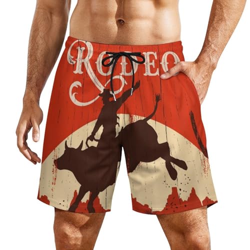 Men's Swim Trunks Bull Riding Wlid West Rodeo Beach Shorts with Pockets Mesh Lining Swimwear Bathing Quick Suits