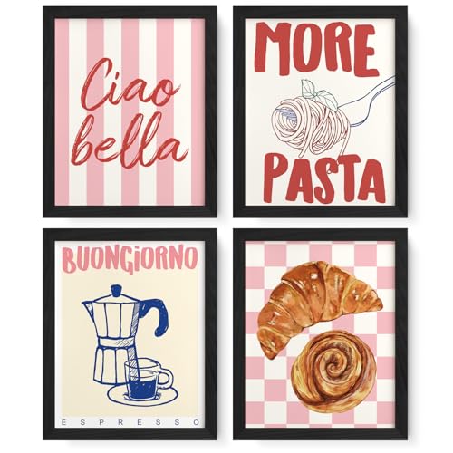 FloralGrace Conjunto de Pósters de Café Rosa Tendencia, Pasta Italiana Vintage Carrito de Café Póster de Pared, Decoración Dopamina Italiana Estética, Cuadros de Cocina 20x30 CM Marco