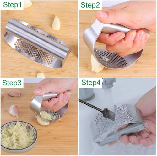 Prensa de ajos de acero inoxidable, picadora y picadora duradera con pelador y cepillo de limpieza para una preparación eficiente del ajo en la cocina