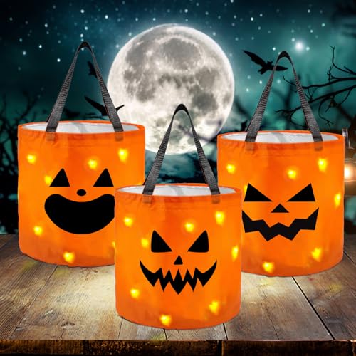 Atusztas 3 Pcs Halloween Candy Bags with LED Lights, Treating Bags with Pumpkin Smile Face,Reusable Candy Bucket for Kids Trick or Treat,Halloween Party Favor Supplies
