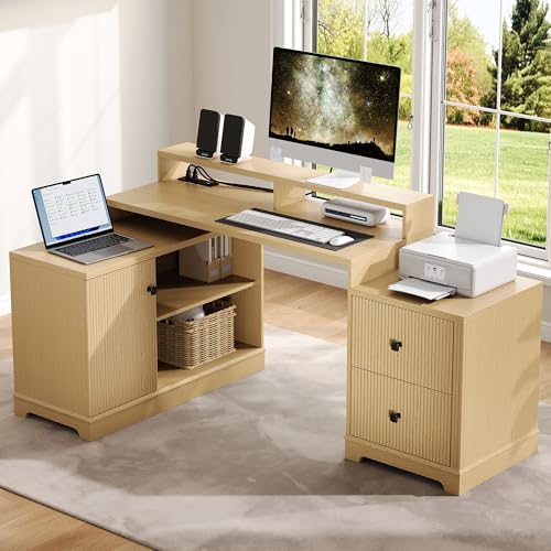 Image of 67 inch L Shaped Executive Desk with Drawers & Storage Shelf, Corner Computer Desk with Power Outlets, Home Office Desk with Monitor Stand, Printer Shelf, Computer Writing Desk for Work, Oak