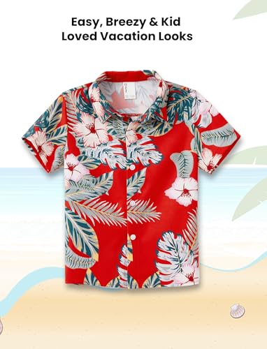 Image of PATPAT Family Matching Hawaiian Outfits - Matching Hawaiian Shirts for Family Tropical Palm Leaf Print Beach Short Sleeve Polo Shirt Father Son Matching Shirts Red Flower Boy 8-9 Years
