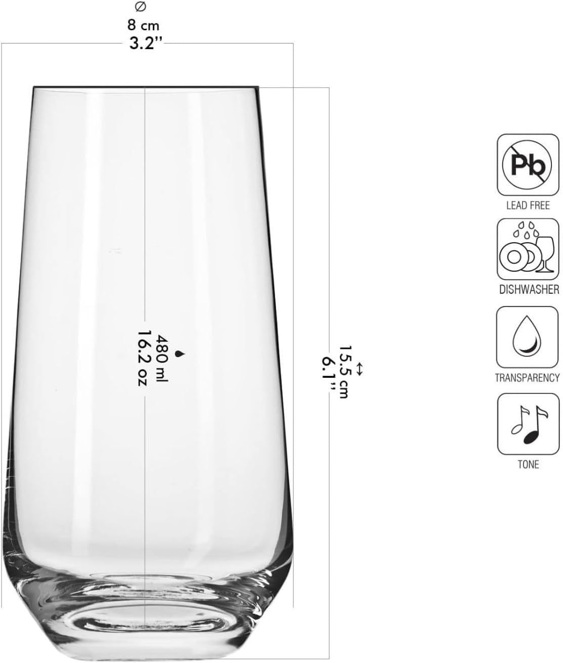 Krosno Tall Water, Juice, Drinking Glasses, Set of 6, 16.2 oz, Splendour Collection, Highball & Tumbler Crystal Glass, Dishwasher Safe, Made in Europe - Image 2