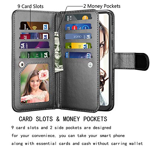 NJJEX Galaxy A21 Case, for Samsung Galaxy A21 Wallet Case 2020, [9 Card Slots] PU Leather ID Credit Holder Folio Flip [Detachable] Kickstand Magnetic Phone Cover & Lanyard for Samsung A21 [Black]