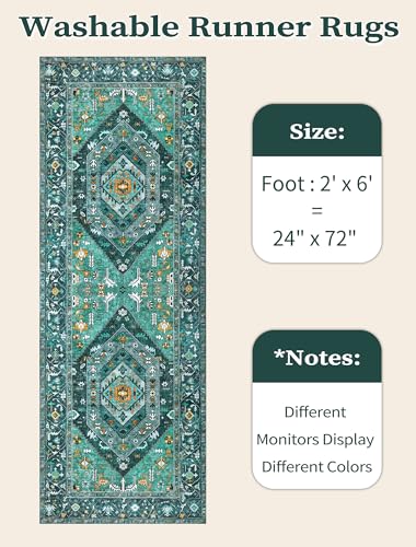 SERISSA Boho Washable Runner Rug, 2x6 Rug Runner Non-Slip Vintage Teal Hallway Kitchen Runner Rug Ultra Soft Print Distressed Tribal Floor Carpet Runner for Bedroom Bathroom Laundry Living Room