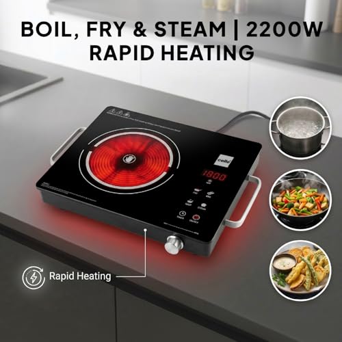 Image of CELLO Blazing Heat Max Infrared Cooktop Stove 2200W Black | Crystal Glass Top Plate, Digital Display, Sensor Touch Controls, 4 Preset Menu & 4KV Surge Protection | For Frying Boiling | 1 Year Warranty