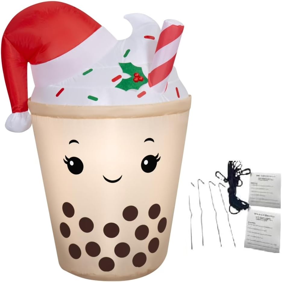 3.3ft Boba Tea Christmas Inflatable LED Holiday Outdoor Yard Blow-Up Decoration – Cute Bubble Tea Cup with Santa Hat – Includes Repair Patch
