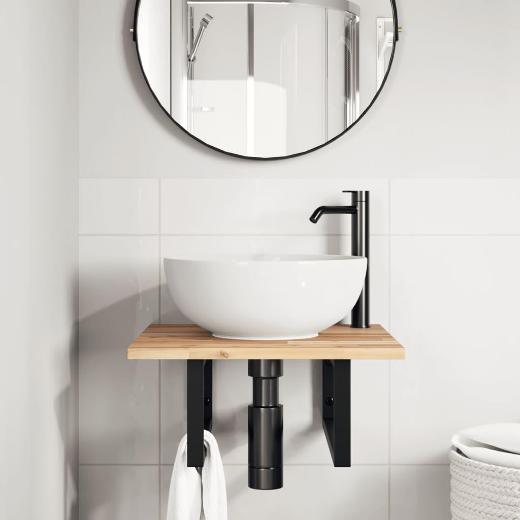 Scaffale per lavandino, montaggio a parete, in acciaio e legno di acacia massiccio, 50 x 50 cm, con supporti rettangolari, ripiano salvaspazio per mobili da bagno e lavabo, portata fino a 100