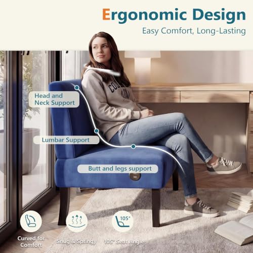 Image of STHOUYN Armless Accent Chair Loveseat, Small Sofa, Navy Blue Velvet, Modern | STHOUYN Oversized Slipper Chair for Living Room Bedroom Corner Side, Decorative Vanity Bench