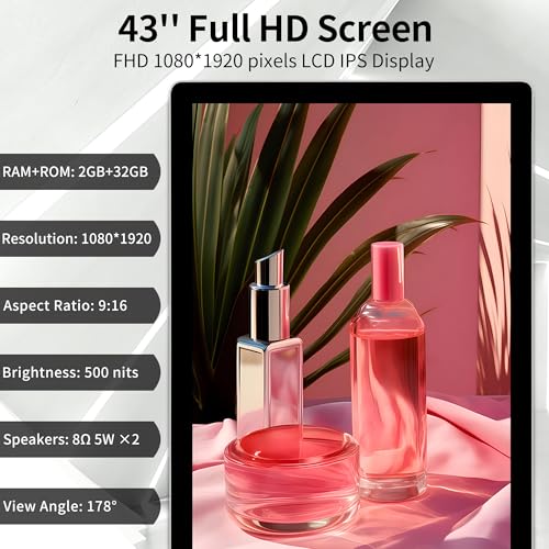 Image of 43 Inch Digital Signage, FHD 1080P Commercial Interactive Kiosk LCD Android Monitor Indoor Advertising Display with 500 Nits High Brightness, Android 14 (4+32GB), Non-Touch