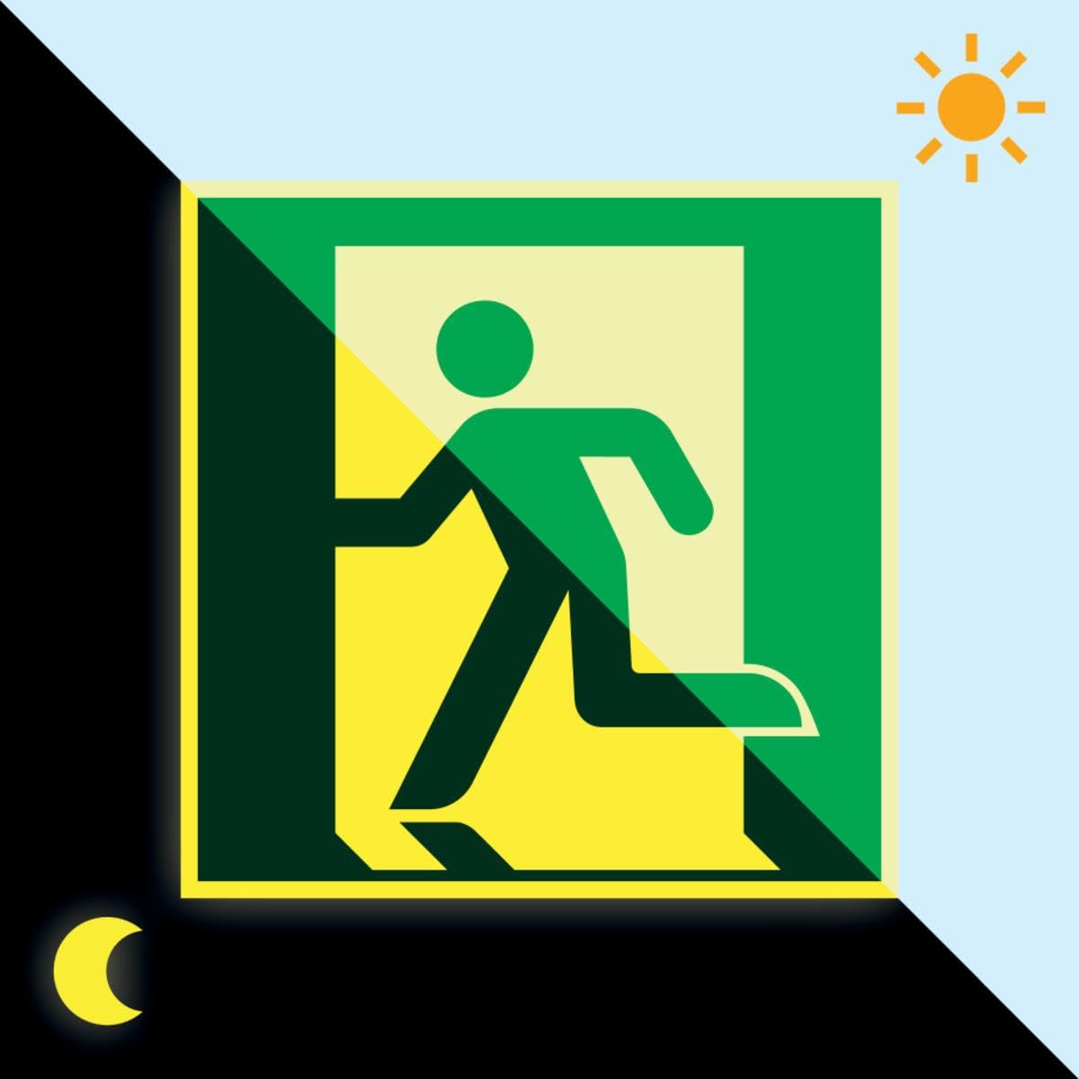 power langnachleuchtend Rettungszeichen Rettungsweg/Notausgang links, Aluminium,300x300mm, ASR ISO 7010 E001