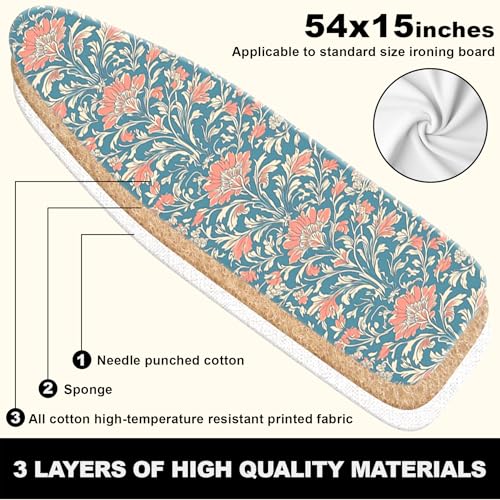 Image of Ironing Board Cover 15x54 Inch- Standard Cotton Cover with Strong Elastic Edge & Stain Resistant Surface (Blue Flower, 15 inch x 54 inch)