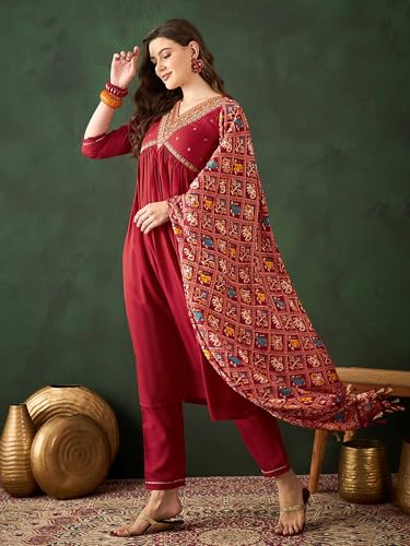 Image of SheWill Women's Mustard American Crepe Zari Sequence Embroidered Alia Cut Kurta with Pant and Dupatta