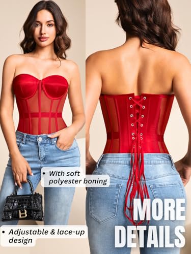 Image of Kaei&Shi Sheer Mesh Overbust Corset,Sexy Strapless Lace Up Satin Bra Corsets Top For Women Shapewear