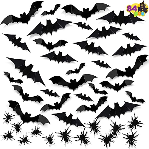 Joyin 84 Assorted Halloween Diy Scary Wall Bats Spiders Wall Decal Wall Stickers Pvc 3D Halloween Eve Decoration (Include 90 Double-Sided Stickers) #TOP6