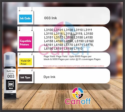 Image of CANOFF 003 Refill Ink Bottle Compatible for Epson L3110,L3150,L3250,L3252,L3115,L3116 Ink Tank Printers - High Yield,Long-Lasting,Easy to Refill Ink for Smooth Printing (003 Black Pack of 1pc.)