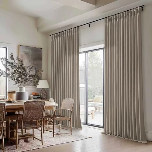 Image of Extra Wide Taupe Pinch Pleated Semi Sheer Linen Curtains for Living Room | Grey Beige, 70 inch wide Floor To Ceiling 120 inch Extra Long, Light Filtering Privacy, Glass Door, Faux Textured, Hook Rings