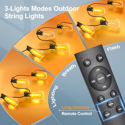 Outdoor String Led Patio Lights: 65Ft 20M Outside Waterproof Light with Remote Dimmable ST38 Shatterproof Bulb Connectable Hanging Outdoor Electric Lighting for Backyard Yard Gazebo Porch Party