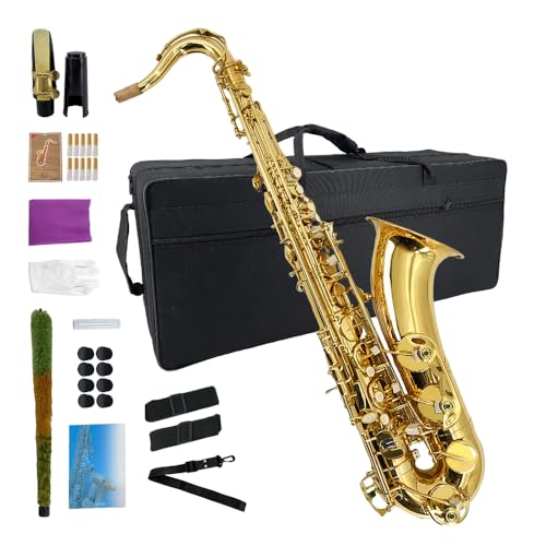 ModouString Bb Tenor Saxophone, Gold Lacquer with Carrying Case,Mouthpiece,Reeds,Cleaning Kit,B Flat Tenor Sax for Beginners, Students and Musicians