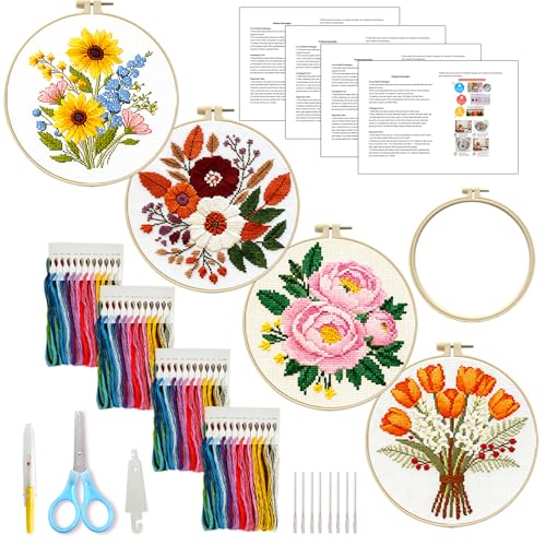 Image of Zhenqing 4-Piece Floral Cross Stitch Kit for Beginners - Complete Set with Pre-Printed 11CT 24x24cm Fabric, Hoop, Threads & Tools (Sunflower, Peony, Tulip Designs)(70362)