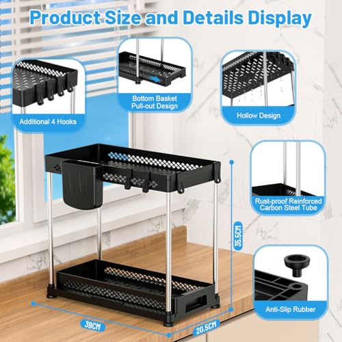 Vihoom Under Sink Storage Kitchen Organiser 2 Pack, 2 Tier Pull Out Cabinet Organiser, Multi-Purpose Under Sink Organizer Kitchen For Bathroom, Cabinet, Countertop - 2