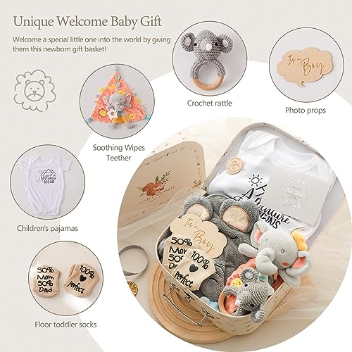 Promise Babe Baby Geschenk Set,Neugeborenen Geschenk zur Geburt Babyparty Badetuch Meilenstein Babydecke Strampler Socken Baby Holz Gehäkelt Greifling Rassel Spielzeug Foto Requisten (For Boy)