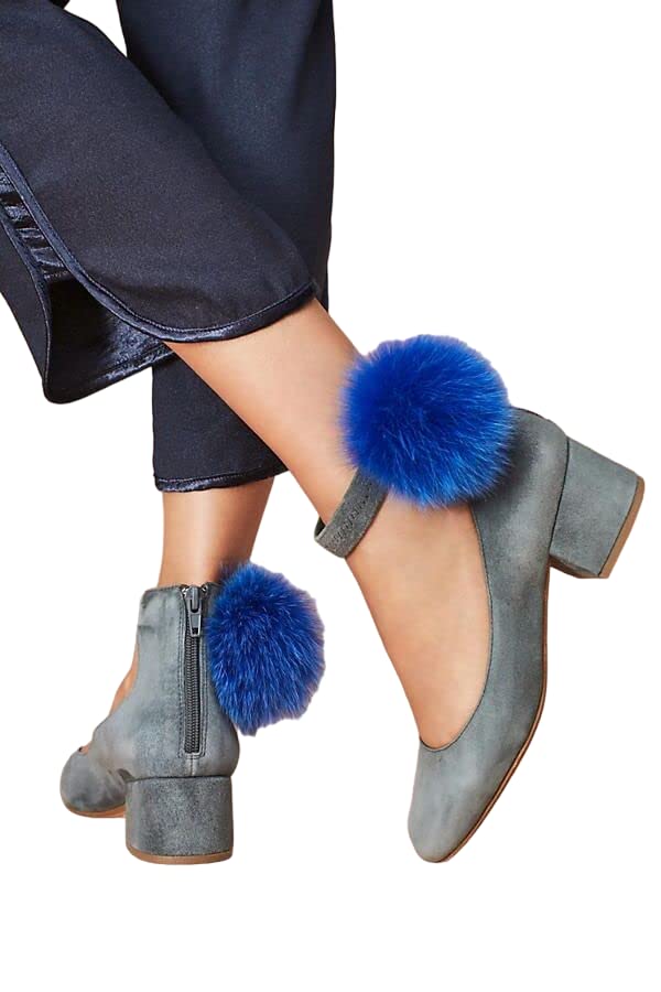 Cecelia New York Liv Ink Blue Suede Fox Fur Pom Pom Kitten Block Heel Dress Pump2
