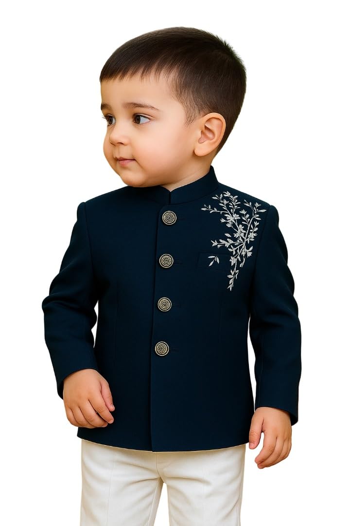 Baby Boy Sherwani Traditional Ethnic Wear Set with Navy Blue Embroidered Art Silk Jacket & White Cotton Pant | Kids Kurta Pajama Style Outfit for Wedding & Festivals (1-8 Years) Baby Boy Sherwani Traditional Ethnic Wear Set with Navy Blue Embroidered Art Silk Jacket & White Cotton Pant | Kids Kurta Pajama Style Outfit for Wedding & Festivals (1-8 Years)