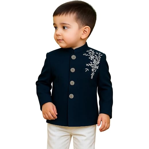 Baby Boy Sherwani Set Navy Blue Embroidered Jacket with White Cotton Pant | Kids Kurta Pajama Traditional Dress for Boys 1-8 Years Wedding & Festival Outfit