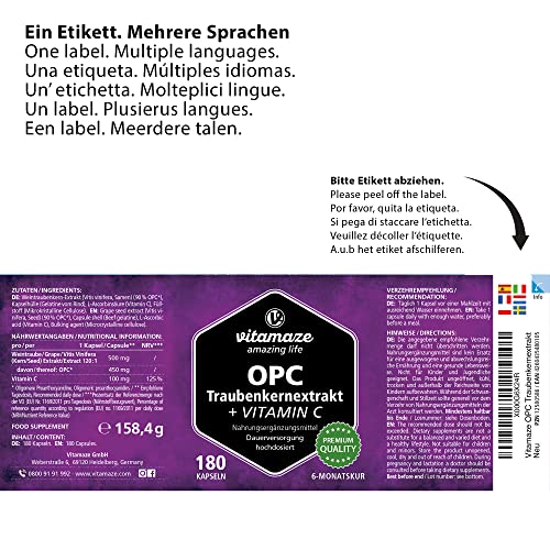OPC Traubenkernextrakt Kapseln, zertifiziert, hochdosiert: 450 mg reines OPC, 180 Kapseln für 6 Monate, Natürliche Nahrungsergänzung ohne Zusätze, Made in Germany