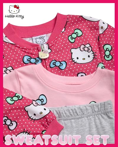 Image of Hello Kitty Girls Pant Set - 3 Piece Short Sleeve Graphic Tee Shirt Zip Up Fleece Jacket and Kids Pants Clothing Set, Size 7, Pink /Rose /Grey
