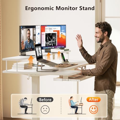 Image of OffiGo U Shaped Electric Standing Desk with Keyboard Tray, 63 Inch Height Adjustable Desk with Power Outlets & LED Lights, Sit Stand Table with Monitor Stand for Home, Office, White