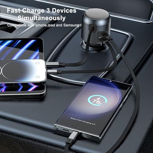 Image of 60W Retractable Car Charger, 3-Port USB-C Car Charger Adapter with Built-in Retractable Cable, Fast Charging Cigarette Lighter Adapter for iPhone 16 /15, Galaxy S25 /S24, Pixel, iPad(Black)