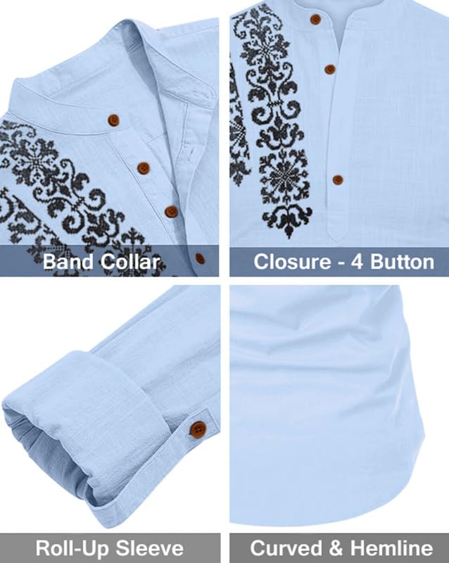 Image of FINIVO FASHION Men's Cotton Blend Short Kurta Shirt | Casual Ethnic Wear with Roll-Up Sleeves & Mandarin Collar | Comfortable Fit Tunic for Festive, & Summer Outings