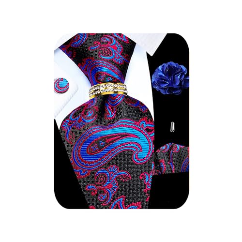 Image of 5PCS Mens Silk Tie, Pocket Square, Cufflinks, Drilled Tie Ring and Lapel Pin Set for Wedding Groom Party