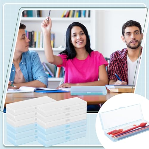 Image of Fainne 24 Plastic Pencil Case Bulk Hard Pencil Boxes with Snap Lid Crayon Maker Pen Organizer Stackable Craft Storage Boxes for School Supplies(Single Layer,White, Blue,7.09 x 2.36 x 0.98 Inch)