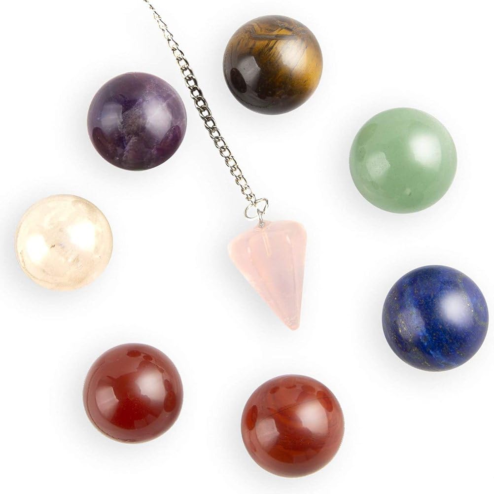 HHCTEBEC 7 Chakra Crystal Ball Set with Rose Quartz Pendulum-Natural Healing Spheres Tumbled Stones for Reiki Energy Healing Meditation Feng Shui